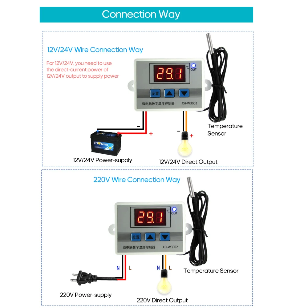 XH-W3002 интеллектуальный светодиодный цифровой Микрокомпьютер регулятор температуры мини-термостат с водостойким датчиком