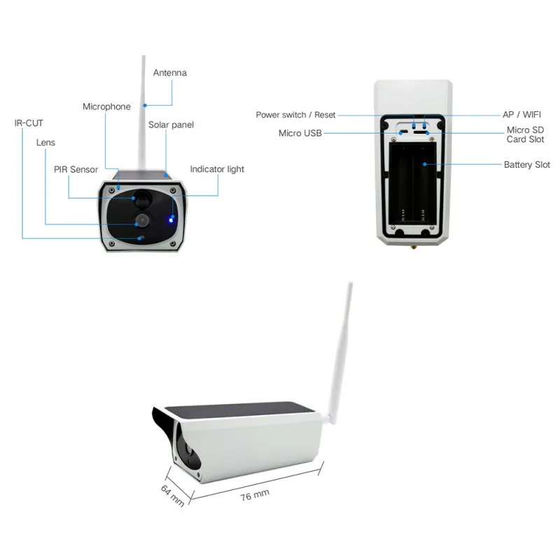 Camera WiFi Solar Powered PIR Motion Detection Phone Remote Monitoring Security Camera