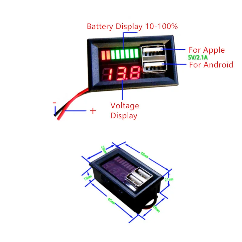 DC 12V Автомобили Мотоциклы транспортные средства USB 5V2A выход Красный светодиодный