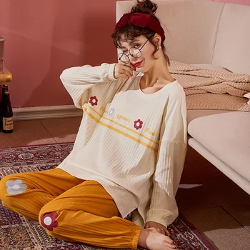 

2020 Autumn Winter New Pyjama Women Draw Comfortable Long-sleeved Simple Cute Home Clothes Pijamas Sleepwear Two Pieces Set