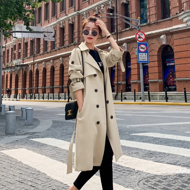 

2022 Elegant Women Trench Spring Fashion Lady Mid-length waistband Loose Outwear Korean Chic Tops Khaki Windbreaker Coats