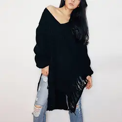 Черный Свободный пуловер с v-образным вырезом и открытыми плечами модный сексуальный женский свитер с вырезом на спине