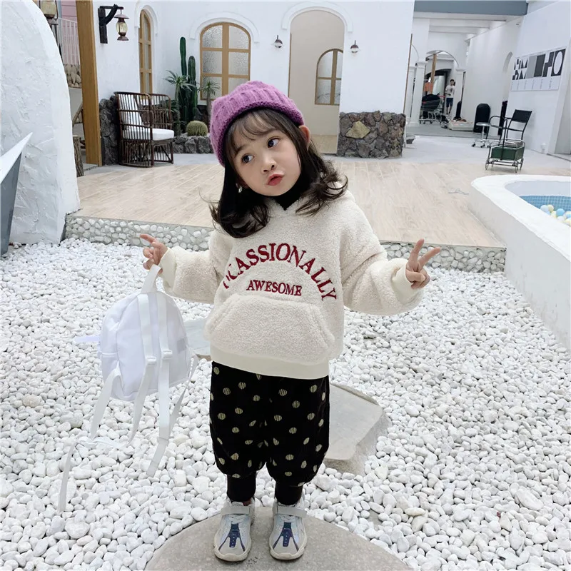 Winter New Arrival Korean style thickened letters embroidery hooded loose fur hoodie for fashion cute baby girls and boys