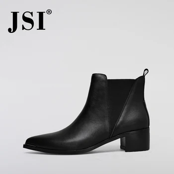 

JSI Genuine Leather Ankle Boots Fashion Pointed Toe 5cm High Square Heels Shoes Woman Shoes Quality Handmade Chelsea Boots JOA11