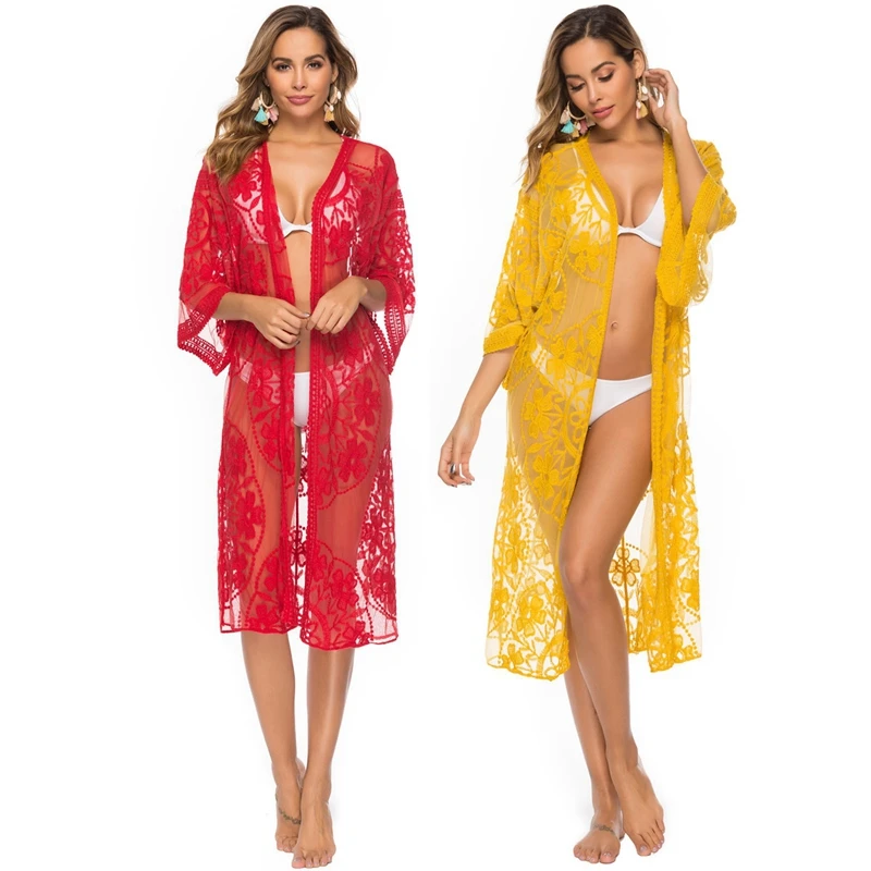 

Sexy Lace Cardigan Pareo Beach Cover Up Bikini Swimsuit Bathing Suit Cover Ups Robe De Plage Beach Dress Tunic kaftan Swimwear