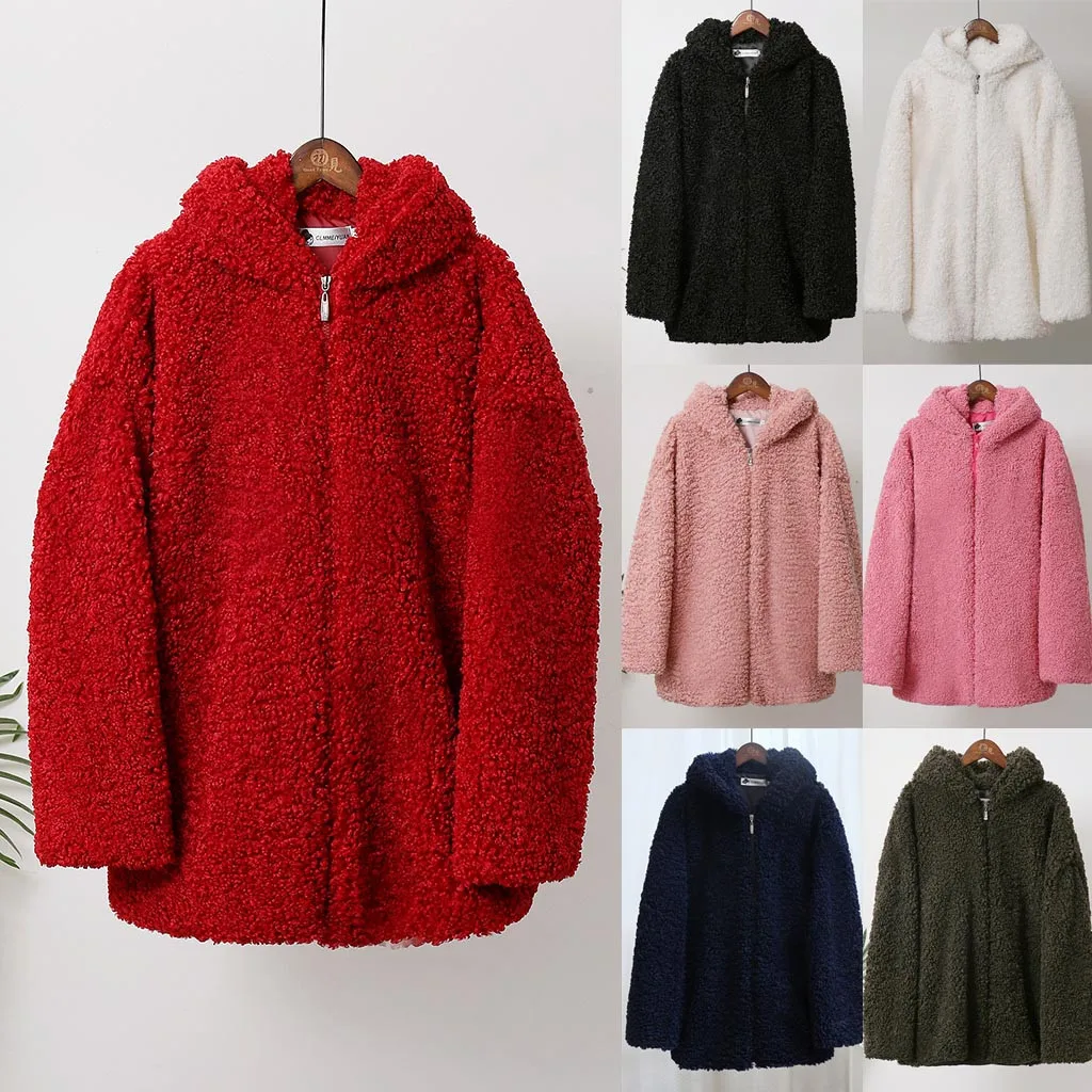 

Women Fashion Autumn Winter Hat Lamb Wool Circle Loose Thin Coat Long Sleeve Loose Casual Zip Pockets Solid Jacket Coat W909