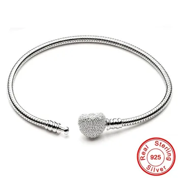 

Handmade Original 925 Solid Silver Snake Chain Bracelet Secure Heart Clasp Beads Charms Bracelet For Women DIY Jewelry Making