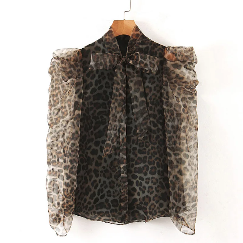 

AGong Slim Transparent Tshirts Women Fashion Leopard Printed Bow Tops Women Elegant Long Sleeve Tees Female Ladies JL