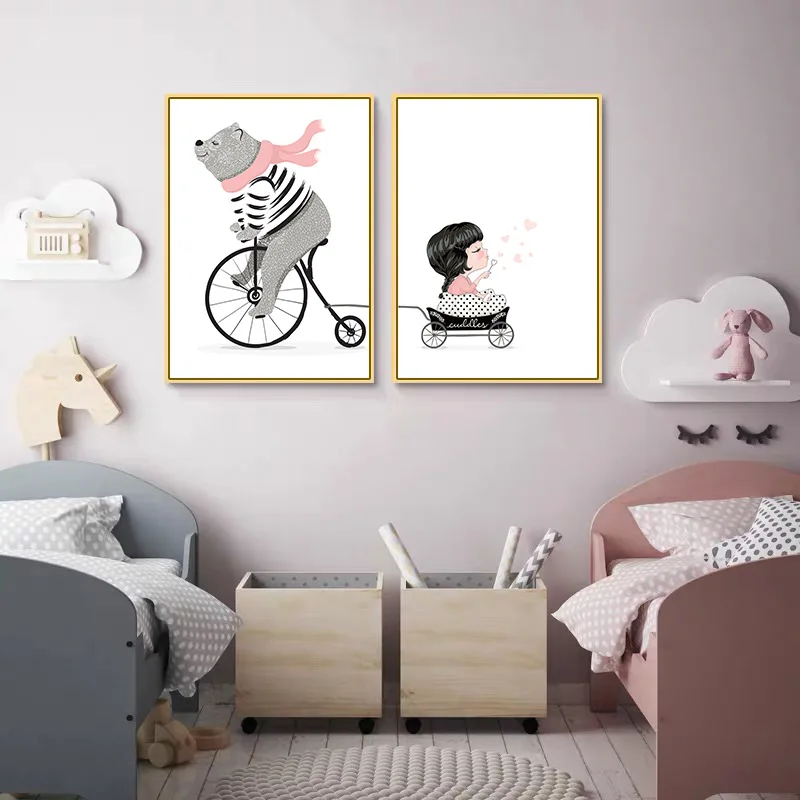 Us 291 48 Offprzedszkole Wall Art Picture Zwierząt Duży Niedźwiedź Styl Skandynawski Dziewczyna Plakat I Wydruk Płótna Malarstwo Dla Nowoczesnego
