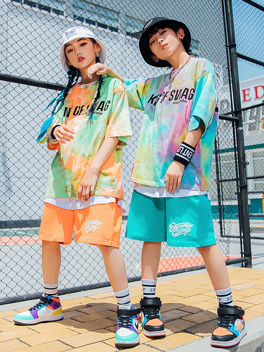 Summer Tie-Dye Loose T-Shirt Hiphop Shorts Kpop Outfits For Girls