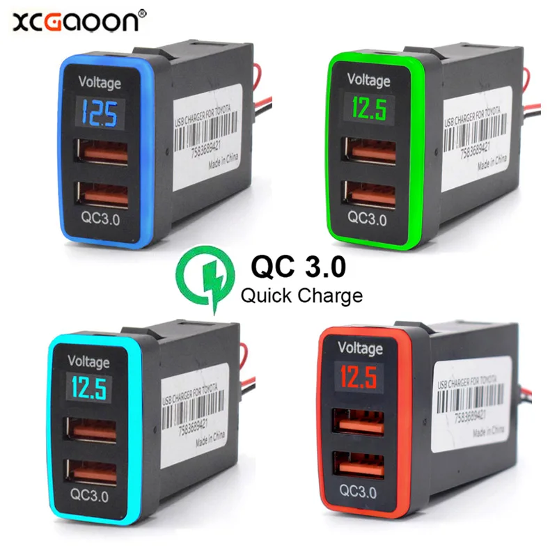 

QC3.0 быстрое зарядное устройство для автомобиля, двойной USB-адаптер для телефона светодиодный светодиодным вольтметром для TOYOTA, выход 36 Вт, входное напряжение 12-24 В