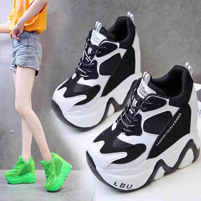 女性春革プラットフォームスニーカートレーナー黒の靴 12 5 センチメートルハイヒールウェッジシューズ女性 Women S Pumps Aliexpress