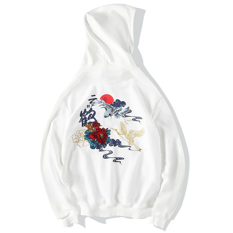 white Harajuku Embroidery Crane Rose Hoodies Men Hooded Pullover Sweatshirts Streetwear Hip Hop Casual Black Hoodie Tops WO027 - Color: white