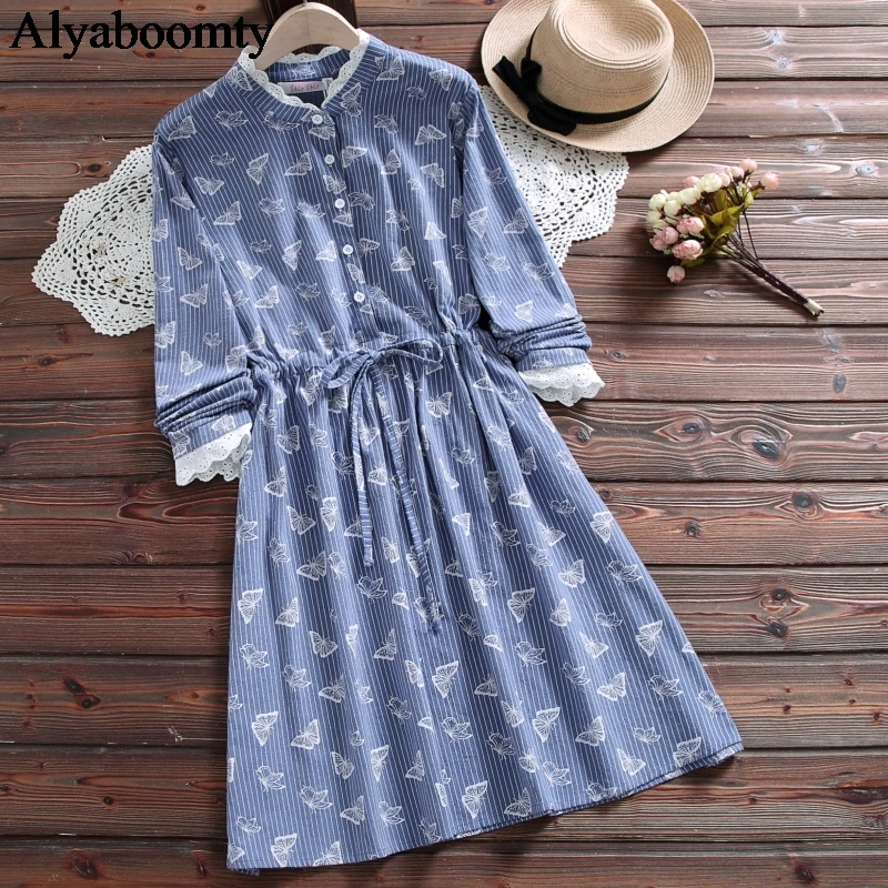 

Japanese Mori Girl Autumn Women Sweet Dress Pink Blue Butterfly Printed Lace Up Vestidos Elegant Cotton Kawaii Cute Spring Dress