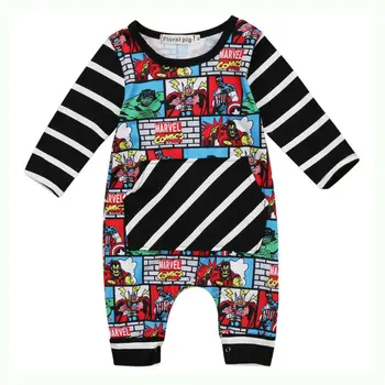 

2019 Autumn Newborn Infant Baby Kid Boy Outfit Clothes Long Sleeve Striped Patchwork Superhero Romper Jumpsuit