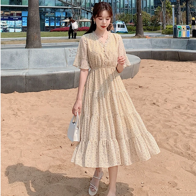 Chiffon dress 2020 Korean new style oneck shortsleeved chiffon printed  long Slim was thin and big swing beach dress  AliExpress