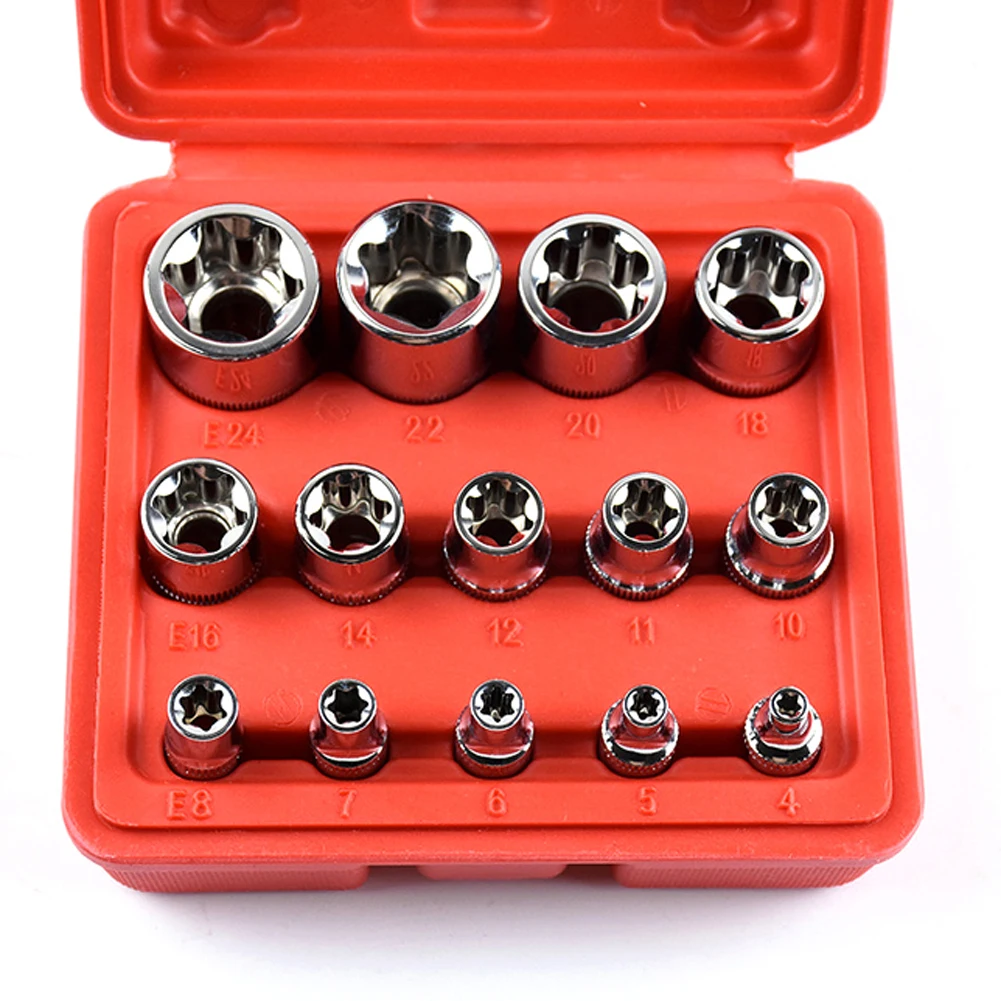 14pcs Tamper Proof E4-E24 Torx Star Bit Socket Set Female E Type Socket Metric Professional Standard Multi-function KaariFirefly