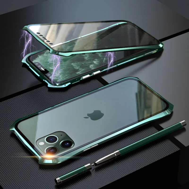 Магнитный чехол с полной защитой для iPhone 11 Pro Max стеклянный на переднюю и заднюю