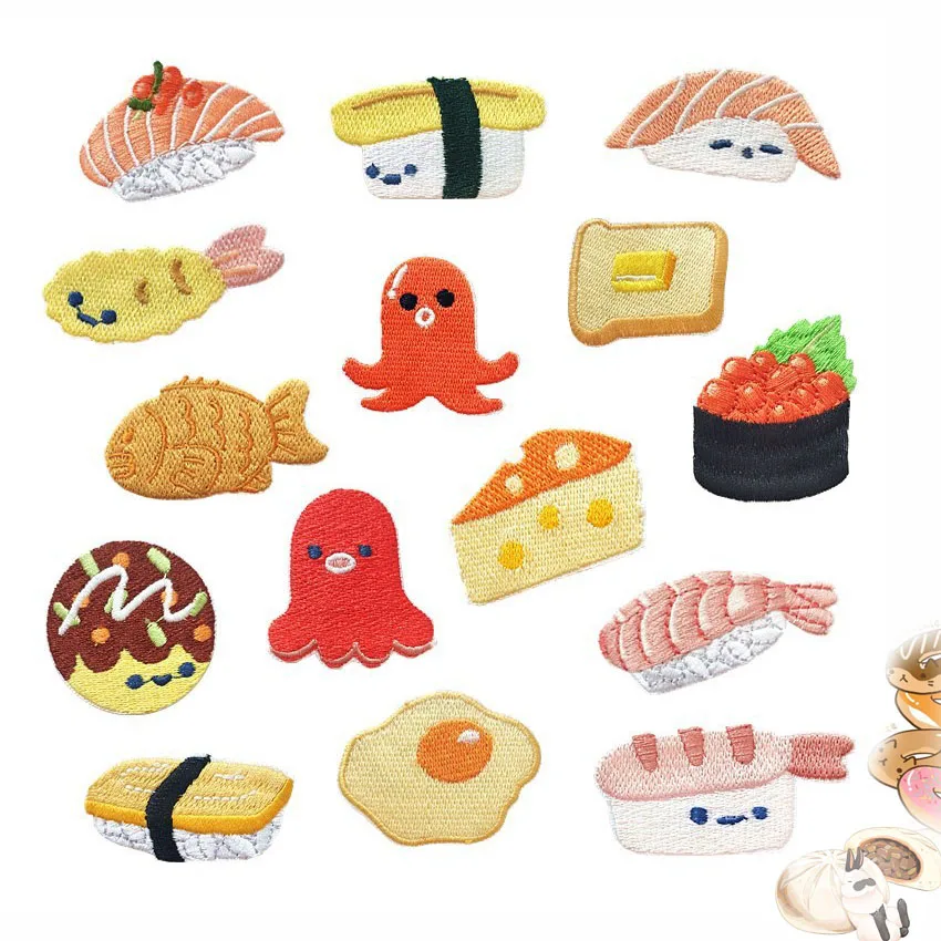 Simpatiche Toppe Cibo Ricamo Adesivi Torta Salmone Pane Ferro Per Abbigliamento Applique Sweing Ecusson A Coudre Parches Toppe Vestiti