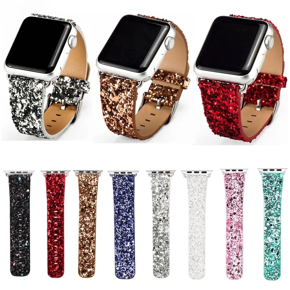 

38 40 42 44mm For Apple Watch Series 5/4/3/2/1 Leather Bling For Iwatch Band Wristwatch Bracelet Strap Shiny Glitter Power