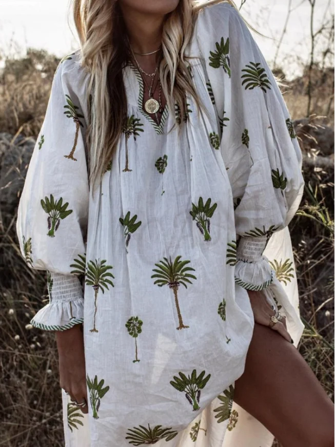 

2019 Summer Dress New Women Long Sleeve Print Party Casual Linen Kaftan Boho Style Mini Dress Summer Clothes For Women Vestidos