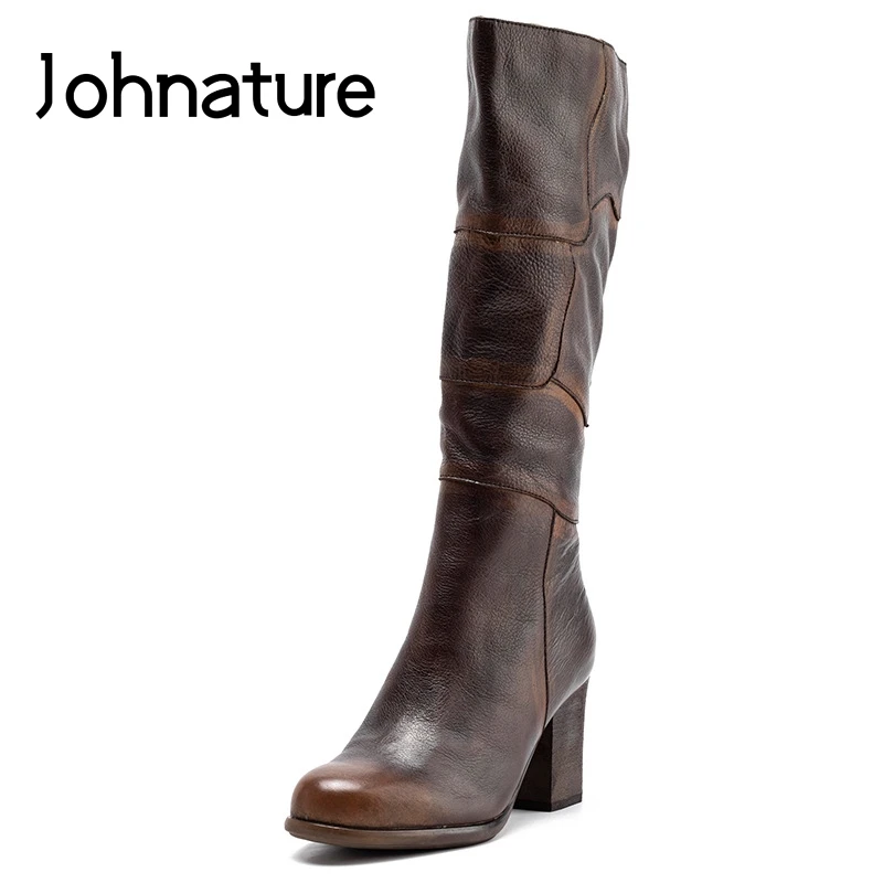 

Johnature Retro Genuine Leather High Heel Boots Women Shoes 2020 New Winter Handmade Round Toe Sewing Zip Platform Boots