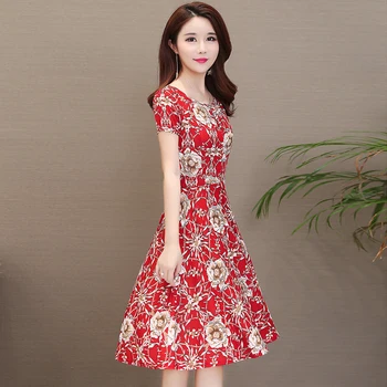 

M-5XL Woman Cotton Dress Summer 2020 New Fashion Mother Dress Printing Flower Short-sleeve Loose Mid-Long Dress Female Red Blue