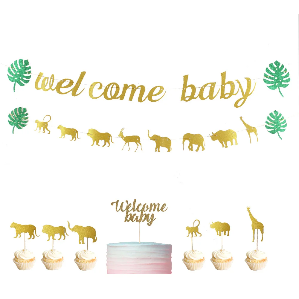 Jungle Animal Welcome Baby Banner Glitter Garland For Forest