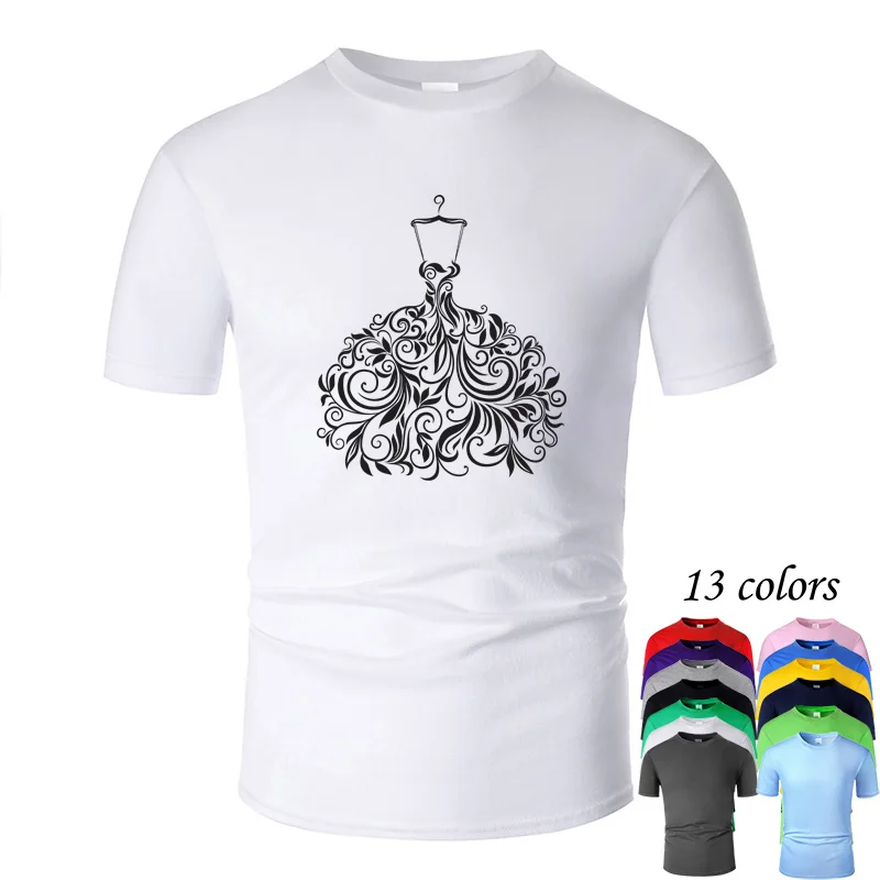 

Wedding dress Full dress Line Art O Neck Cotton T Shirt Men and woman Unisex Summer Short Sleeve Designed Casual Tee m01033