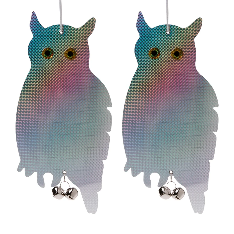 2Pcs Fake Owl Bird Scare Repellent Reflective Hanging Device With Tinkling Bells E65B