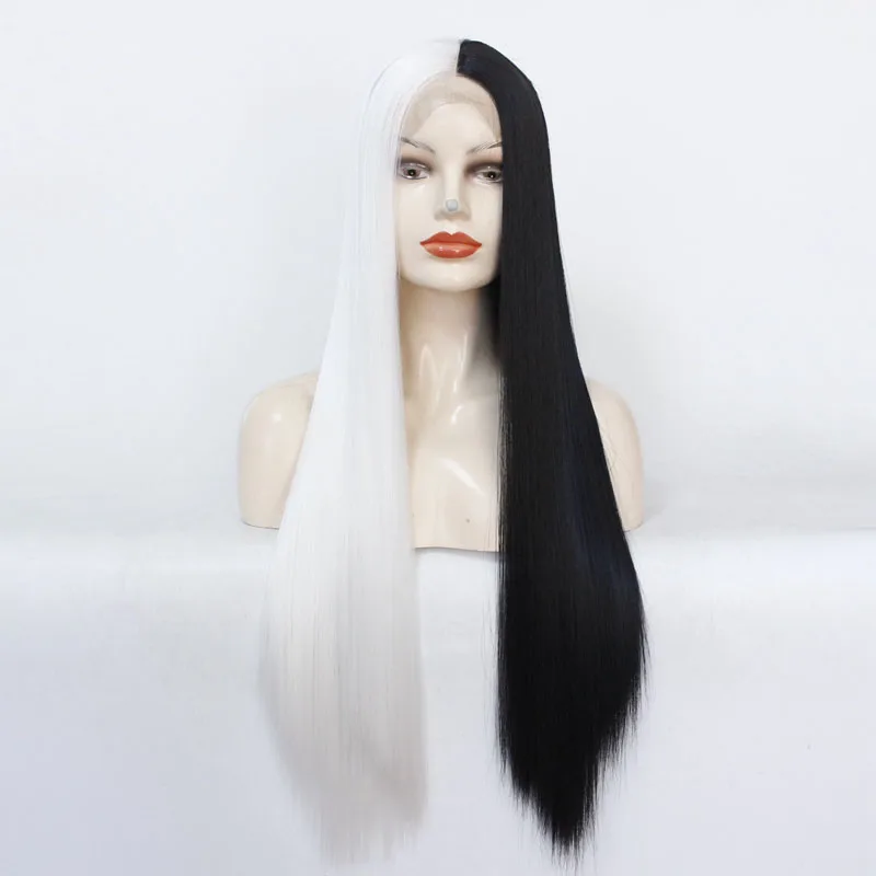 Короткие черные и белые вечерние парики, длинные прямые парики, синтетические волосы, парик на кружеве, жаропрочные 26 дюймов