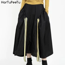 High Waist Midi Skirt Women Ribbons Decorate a Line Stylish Pleated Skirts 2020 Summer Autumn Plus Size Loose Casual Streetwear