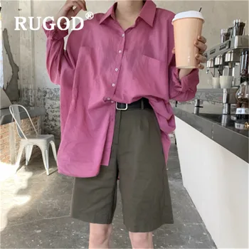 

RUGOD fashion fresh rose red shirt women casual turn-down collar long sleeve loose blouse streetwear summer women tops blusa