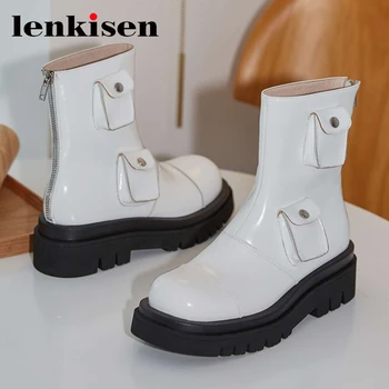 

Lenkisen western boots cow leather round toe thick bottom high street fashion beauty lady leisure back zip chic ankle boots L21