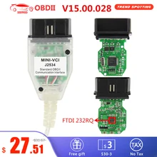 Mini vci v15.00.028 tis techstream obd2 scanner interface para toyota ftdi ft232rq MINI-VCI j2534 obdii obd2 diagnóstico cabo