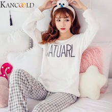 KANCOOLD Женская Фланелевая рубашка с длинным рукавом и надписью, штаны, пижама, одежда для сна, комплект с длинным рукавом, шелковые комплекты одежды, Новое поступление