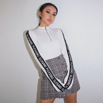 

2019 new fashion women's clothing High collar zipper letter knit bottoming shirt women's shirt long sleeve tight t-shirt female