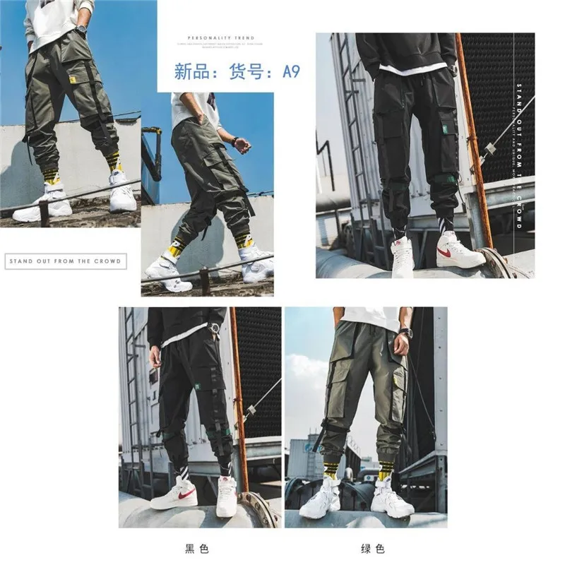 Cargo Pants Men Polyester Comfortable Drawstring Joggers Trousers Black White Many Pockets Ankle Banded Male Casual Pants Boys