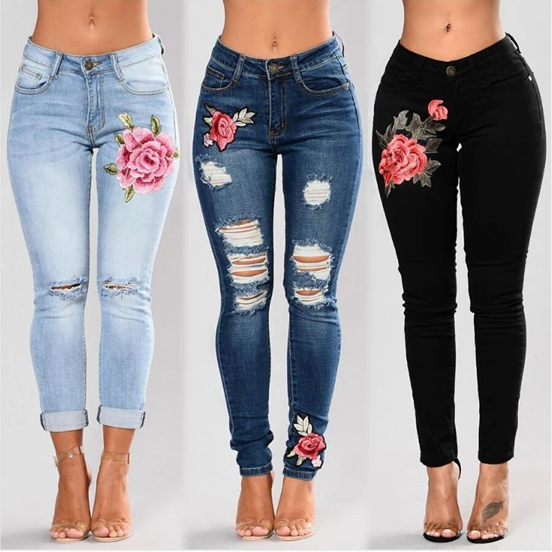 Pantalones vaqueros elásticos bordados para mujer, Vaqueros elásticos con flores, ajustados, con agujeros, con patrón de rosa - AliExpress