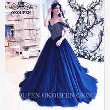 Ярко-Синий Тюль бальные платья шикарные хрустальные бусины с открытыми плечами пышные линии Vestido De 15 Anos платье для выпускного вечера для девочек