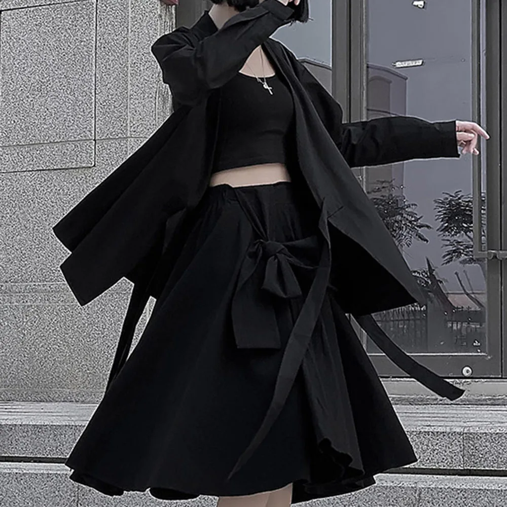 

2020 New Harajuku Black Coat Women Gothic Fashion Lace Up Loose Oversize Jacket Long Sleeve Outwear Japanese Style Casual Coats