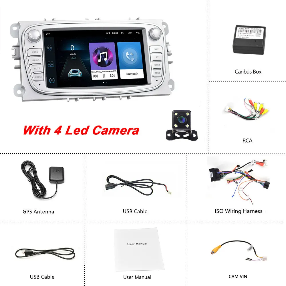 Camecho Android 8,1 Автомобильный мультимедийный плеер gps автомобильный Радио 2 Din dvd Авторадио для FORD/Focus 2 Mk2/Mondeo/S-MAX/C-MAX/Galaxy DVR - Цвет: Silver With 4 LED