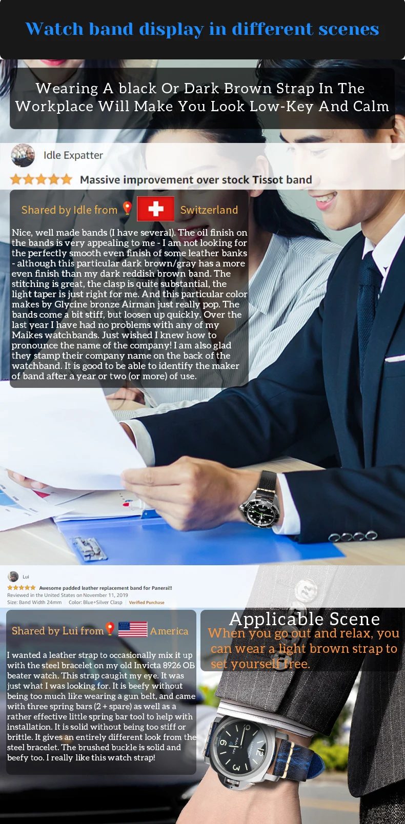 Maikes Genuine Leather Watchband for Galaxy Watch Strap 18mm 20mm 22mm 24mm Watch Band Tissote Timex Omega Wrist Bracelets