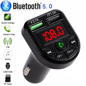 

Bluetooth 5.0 Handsfree Car Kit FM Transmitter 3.1A Quick Dual USB Charger LCD Digital Voltmeter TF Card U disk AUX Player