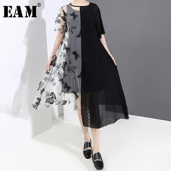 

[EAM] Women Irregular Mesh Butterfly Two Piece Dress New Round Neck Short Sleeve Loose Fit Fashion Tide Spring Summer 2020 1U164