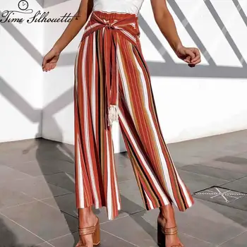 

2020 Fashion Spring Summer Wide Leg Pants Women Tether High Waist Striped Loose Palazzo Pants Elegant Office Ladies Trousers M75