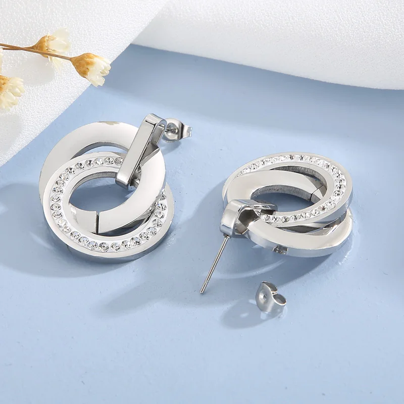 Elegante runde Anhänger-Halskette, Tropfenohrringe für Damen, Edelstahl, Zirkon-Kette, Schmucksets, Hochzeitsgeschenk – Detail 6