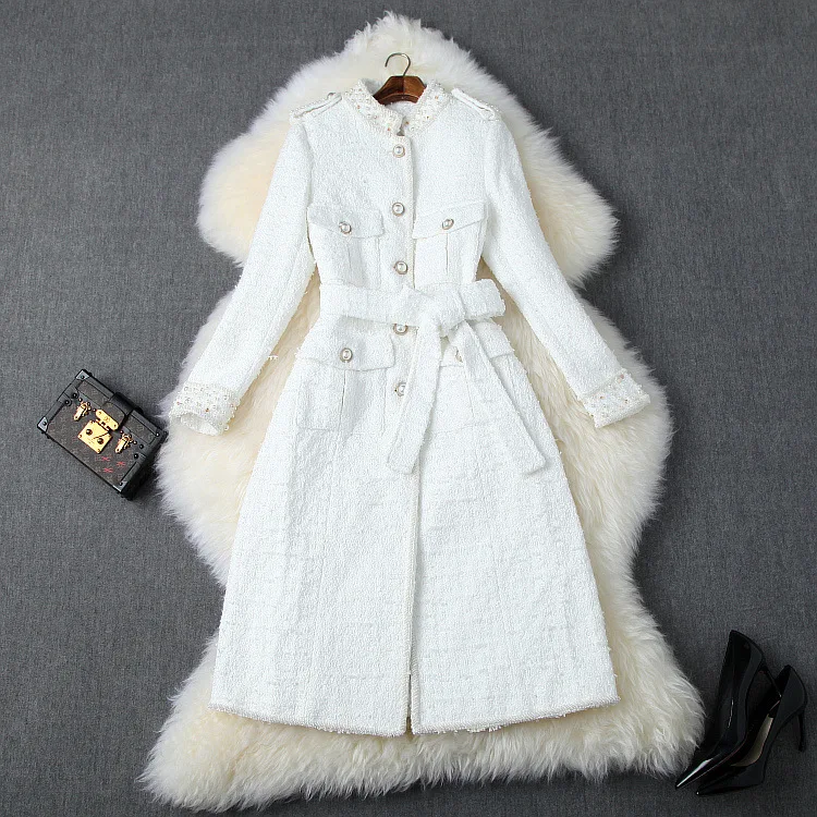 Европейский и американский женский осенний зимний стиль длинный рукав воротник стойка тяжелый гвоздь бисером однобортное твидовое пальто - Цвет: Белый