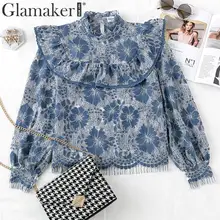 ^^Best Offers Glamaker Blue floral print lace blouse Ruffle long lantern sleeve sexy spring elegant shirt Lady holiday casual stand collar top ^^Best Offers Glamaker Blue floral print lace blouse Ruffle long lantern sleeve sexy spring elegant shirt Lady holiday casual stand collar top