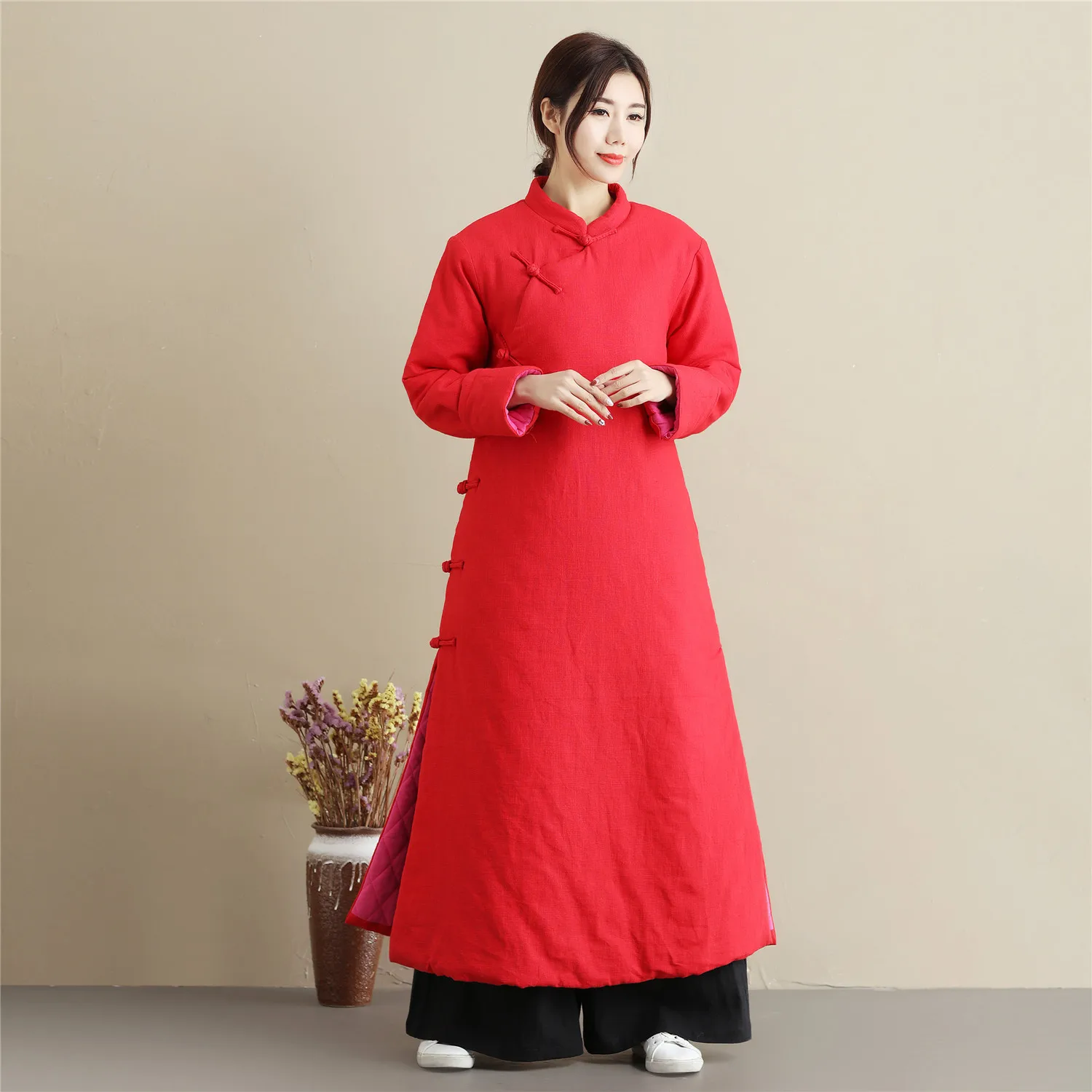 

19 Autumn And Winter New Products Ma Fan Cotton Linen WOMEN'S Dress Handmade Frog Self-Made Long Cotton Wadded Robe Chinese-styl